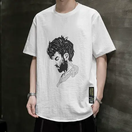 中国风亚麻短袖男士棉麻料上衣服冰丝休闲t恤男装宽松麻布半袖T恤商品大图