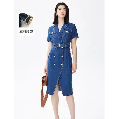朗姿法式复古蓝色牛仔连衣裙秋季新款气质收腰短袖裙子女奥莱商品大图