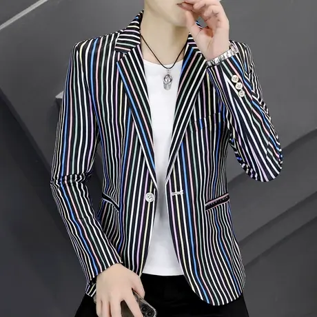 网红彩色条纹西装男士秋季韩版修身单西外套发型师个性帅气小西服商品大图
