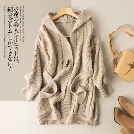 春季外套女早春2022新款针织开衫女中长款连帽牛角扣宽松休闲麻花商品大图