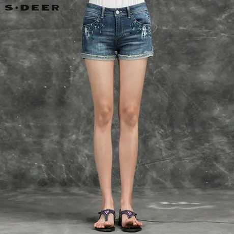 s.deer【新品】圣迪奥女装彩色凸透绣花图案牛仔短裤S15280990商品大图