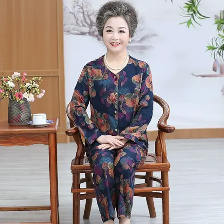 北极绒中老年棉绸套装长袖两件套妈妈睡衣女夏季家居服奶奶装开衫商品大图