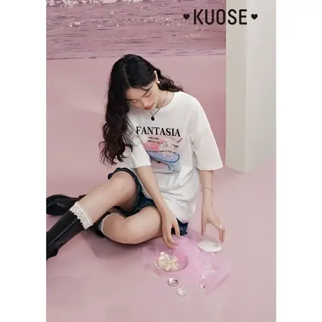 阔色白色纯棉T恤女2023夏季新款中长款宽松设计感半袖落肩上衣图片