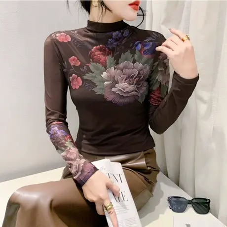 欧货复古网纱印花打底衫长袖气质半高领内塔加绒上衣女修身T恤ins商品大图