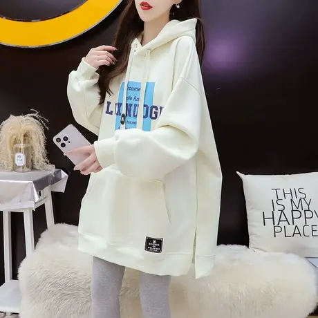加绒加厚连帽卫衣女中长款2024新款早春季爆款宽松设计感上衣外套商品大图