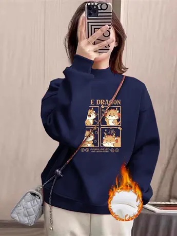 大码胖mm遮肉半高领上衣女秋冬季加绒高级感卫衣ins国潮小众外套商品大图