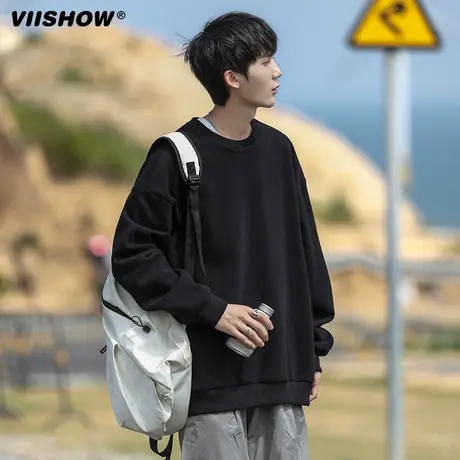 VIISHOW日系复古简约圆领慵懒风卫衣男冬季宽松加厚保暖上衣商品大图