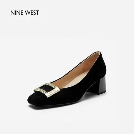 Nine West/玖熙金属方扣粗跟单鞋2024年春季新款方头羊反绒高跟鞋商品大图