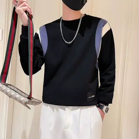 韩版拼色条纹休闲卫衣2023春秋季新款重磅长袖t恤男装小众上衣潮商品大图