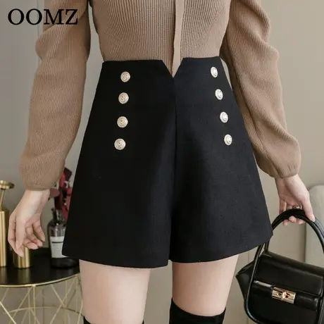 毛呢短裤女2023新款秋冬高腰百搭a字显瘦排扣黑色阔腿裤靴裤外穿图片