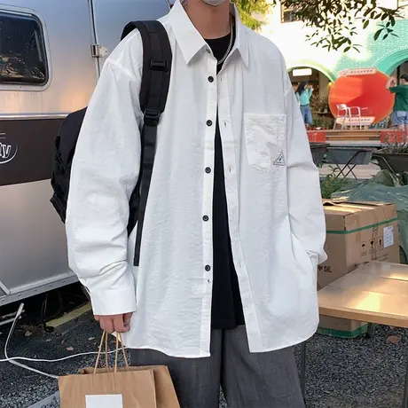 纯色长袖衬衫男秋季潮牌宽松休闲外套港风复古cityboy秋冬款衬衣图片