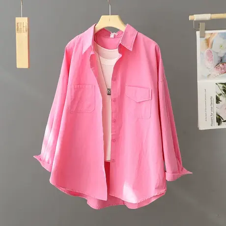 2024春秋季高级感玫红色衬衫女式外套开衫设计感小众上衣宽松衬衣图片