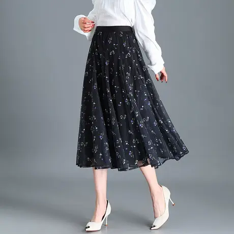时尚印花网纱裙女2024春季新款高腰垂感半身裙中长显瘦两面穿裙子图片