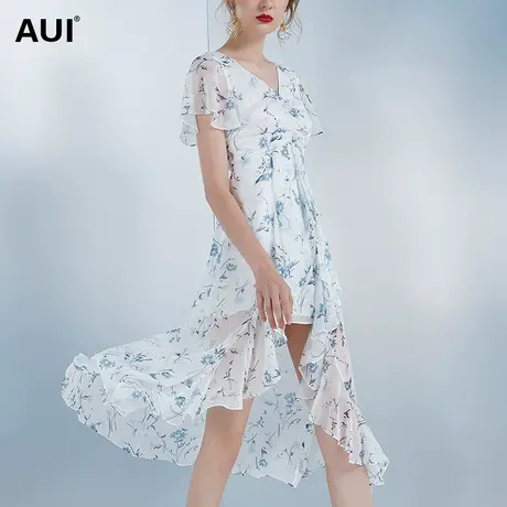 AUI设计感碎花雪纺连衣裙女夏2023新款裙子荷叶边法式不规则长裙图片