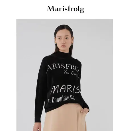 【商场同款】玛丝菲尔女装春季新款黑色时尚印花长袖套头毛衣图片