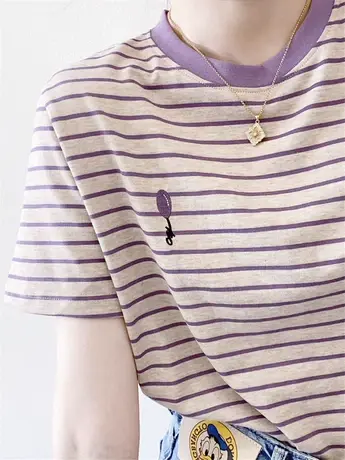减龄漂亮洋气小衫紫拼条纹短袖T恤女艺术生奶乖上衣美式辣妹穿搭商品大图
