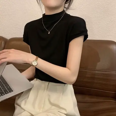 半高领螺纹短袖T恤女早春夏装修身内搭打底衫小个子短款半袖上衣商品大图