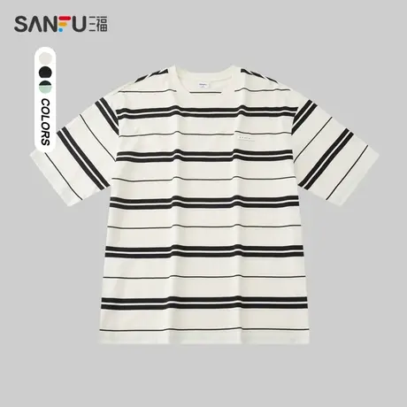 三福2024夏季新款短袖t恤男条纹半袖体恤宽松圆领打底衫483344图片