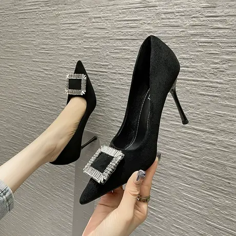 黑色高跟鞋女细跟2024年春秋新款法式方扣水钻尖头高跟单鞋工作鞋图片