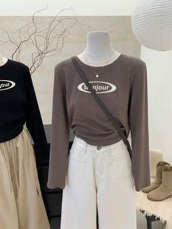 美式复古字母印花长袖t恤女春秋新款修身显瘦短款打底衫洋气上衣商品大图