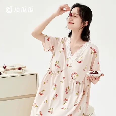 顶瓜瓜睡裙女夏带胸垫纯棉短袖印花纯欲风睡衣女春秋款图片
