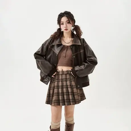 【好物体验专享】美拉德穿搭短款擦色皮衣外套女春季PU皮夹克上衣图片