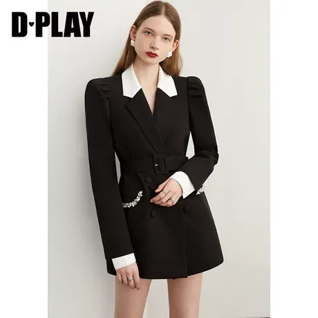DPLAY【黑标】秋装新气质高级黑白撞色收腰钻链西装外套图片