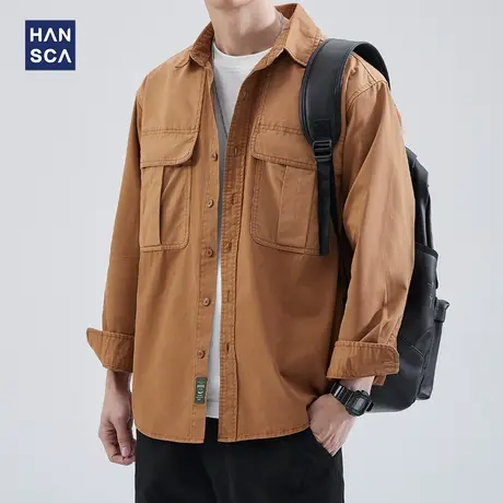 hansca衬衫男士长袖高级感春季日系复古潮流重磅工装翻领休闲外套商品大图