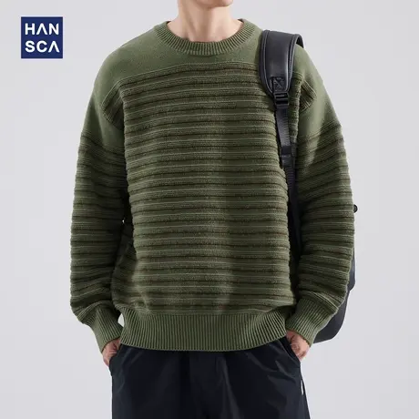 hansca条纹毛衣男士秋冬季重磅粗线圆领宽松休闲加厚保暖针织外套商品大图