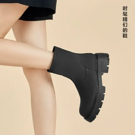 卓诗尼时装靴2024流行短靴秋冬新款软皮加绒高级感女靴显腿细女鞋图片