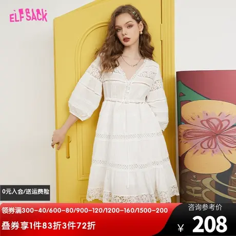 妖精的口袋法式重工白色连衣裙女2023夏季新款小白裙v领收腰气质图片