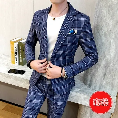 男士英伦小西装春装休闲格子礼服套装韩版潮流修身型男西服两件套商品大图