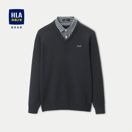 HLA/海澜之家双领针织衫2023秋冬新款纯色保暖套头衫假两件男商品大图