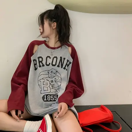 早春季新款上衣女长袖正肩大码女装胖mm宽松遮肚美式复古t恤200斤图片