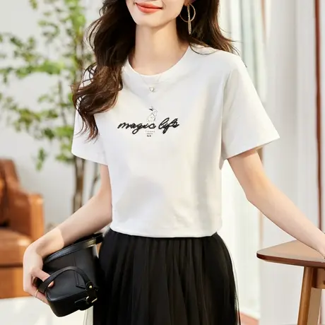 时尚气质印花短袖T恤2023年夏季新款女士简约宽松显瘦薄款上衣商品大图