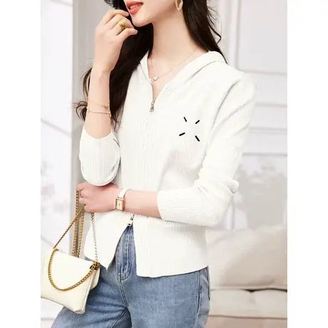 时尚温柔连帽针织长袖开衫2023年春季新款淑女气质修身显瘦上衣商品大图