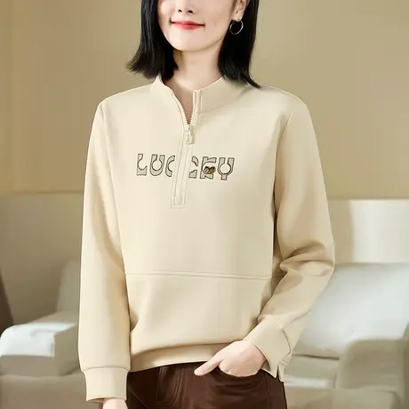 半拉链立领卫衣女春秋季新款时尚洋气中年人宽松上衣服套头长袖衫图片