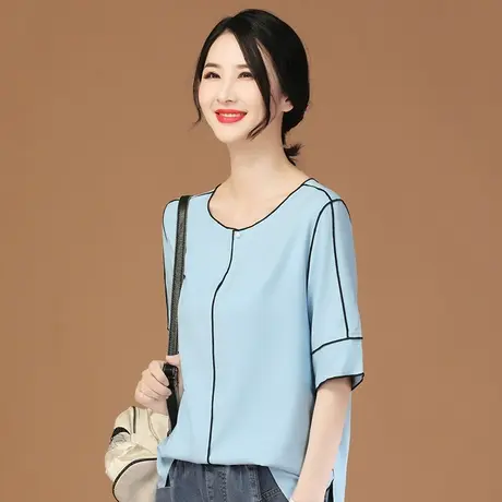 韩潮袭人洋气撞色圆领短袖雪纺衫女2023夏新款设计感小众衬衫上衣图片
