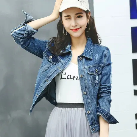 牛仔外套女短款修身韩版潮显瘦学生长袖春秋牛仔服上衣前长后短93商品大图