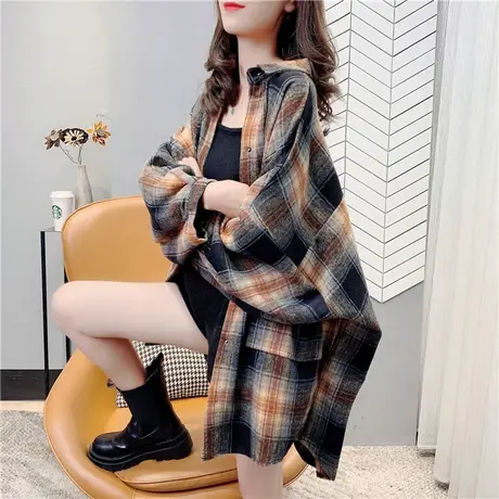毛呢格子衬衫上衣女装春秋2023年新款宽松港味复古长袖衬衣外套潮图片
