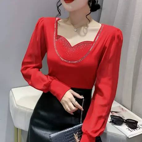 欧货网纱拼接打底衫女长袖春秋重工烫钻V领上衣百搭气质修身T恤潮商品大图