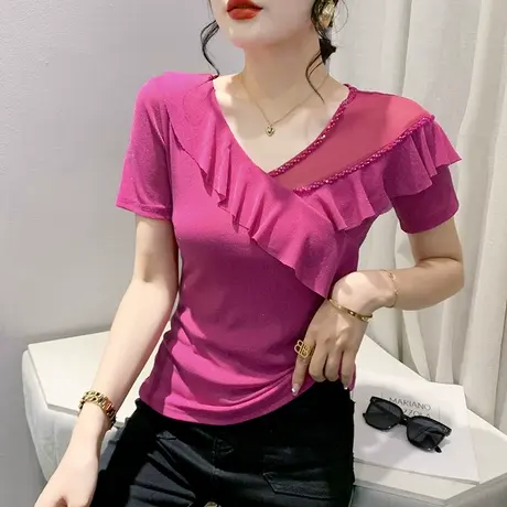 性感网纱T恤女短袖时尚设计感荷叶边小衫修身V领上衣气质钉珠半袖商品大图