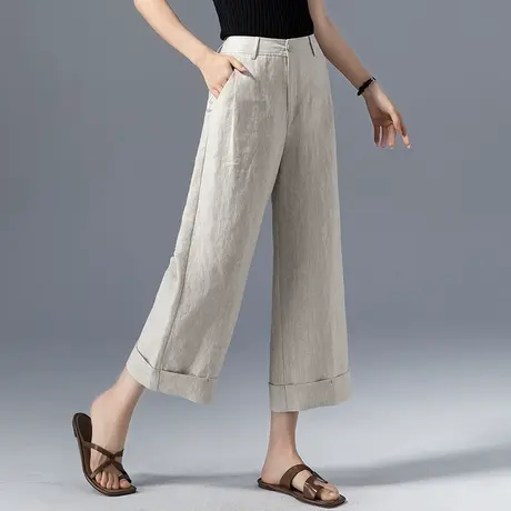 八分卷边高腰亚麻阔腿裤女夏季薄款2023新款休闲九分直筒棉麻裤子商品大图