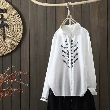 枫谜2021年秋装新款文艺简约刺绣棉麻长袖衬衫女宽松休闲亚麻上衣图片