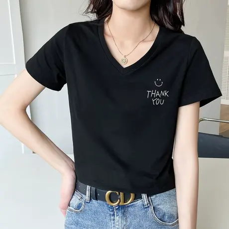 纯棉桃心领短袖女装宽松2022年新款夏季上衣服百搭洋气V领T恤商品大图