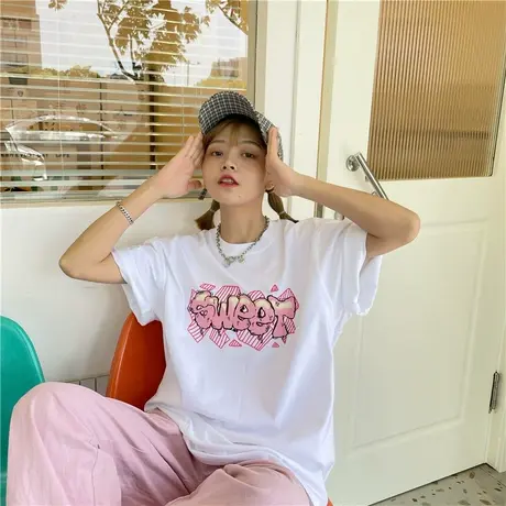 红续原宿学院风原创字母印花纯棉短袖女小个子宽松半袖T恤薄上衣图片