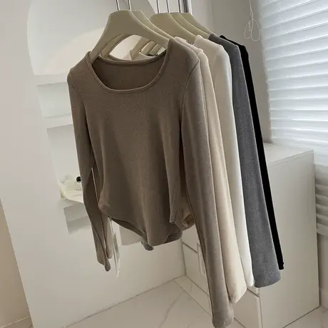 敲显瘦~软糯方领打底衫！春秋百搭弹力显身材短款不规则长袖T恤女商品大图