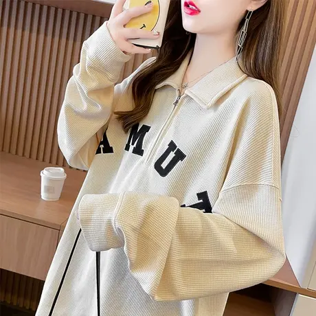 设计感小众华夫格卫衣女春秋韩版宽松薄款大码翻领polo衫上衣外套图片
