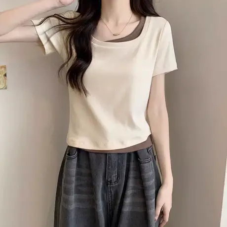 方领正肩T恤短袖女夏季修身纯棉打底小衫甜辣妹假两件短款上衣潮商品大图