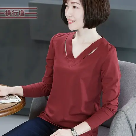 横行道v领纯色长袖新款简约女士t恤上衣服冬装打底衫体恤小衫2023商品大图